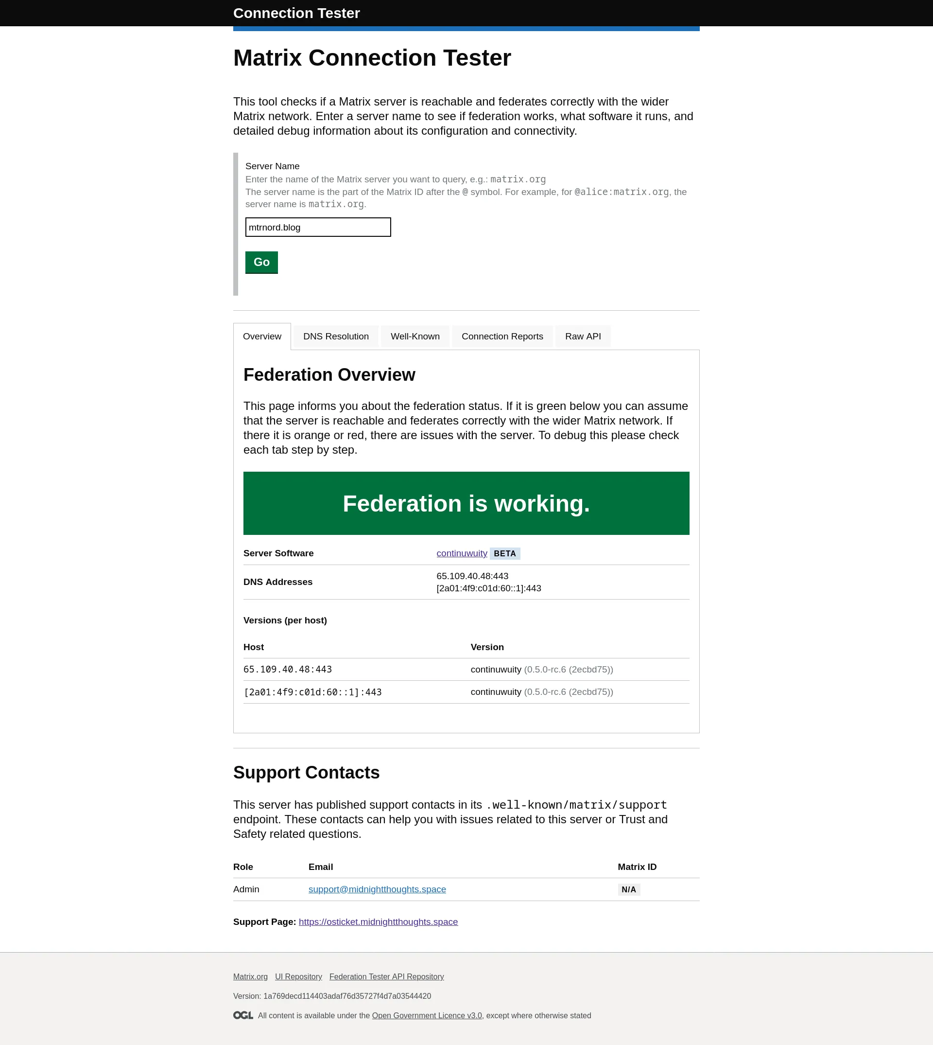 The connectivity tester frontend shows a big green "Federation is working" banner along with many other details
