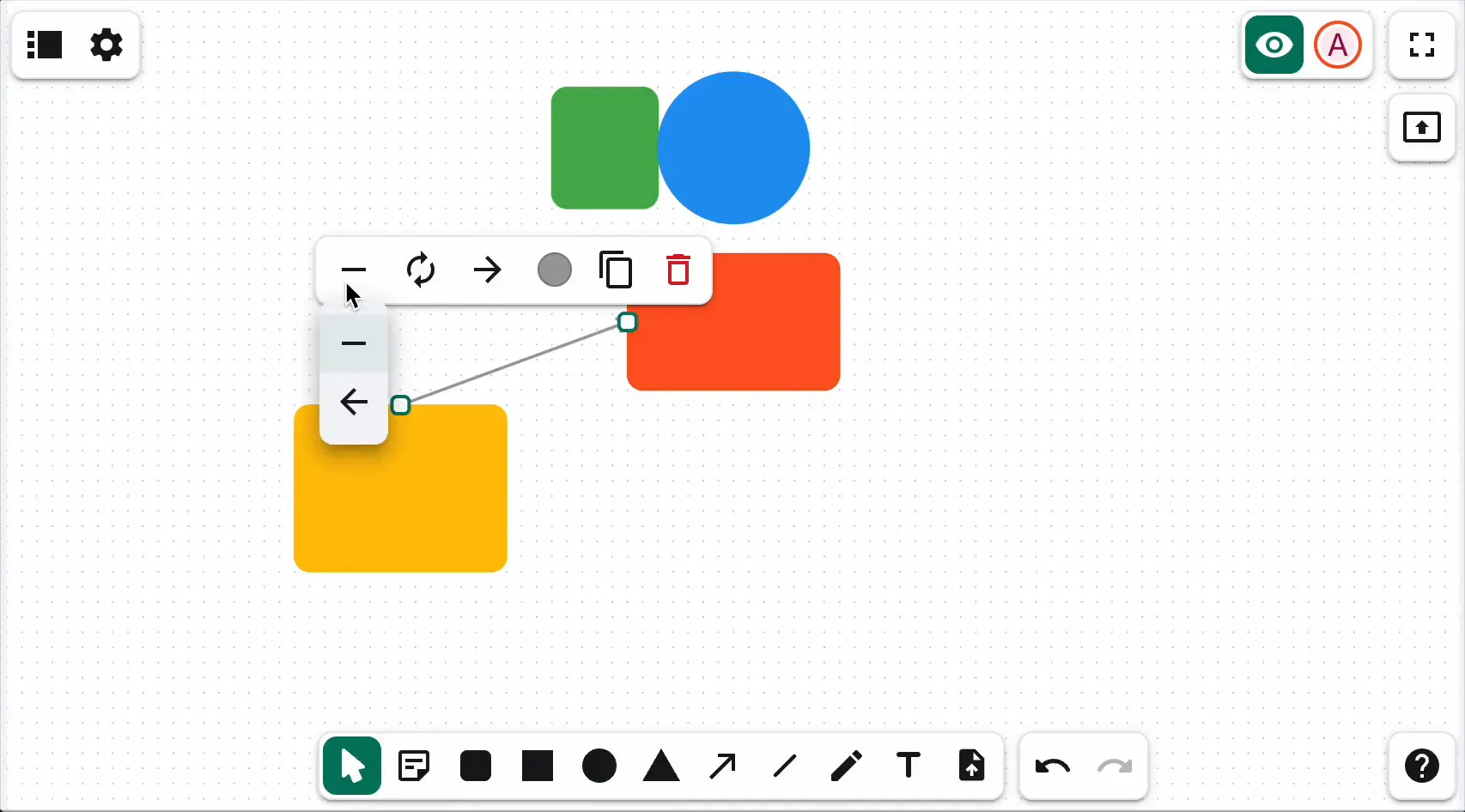 A video thumbnail shows multiple colorful shapes on the NeoBoard widget's canvas. Two of them are connected with a grey arrow. The selected arrow has a toolbar to adjust its properties.
