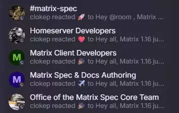 pcloke sending celebratory emoji reactions in response to the spec release announcement across a multitude of rooms.