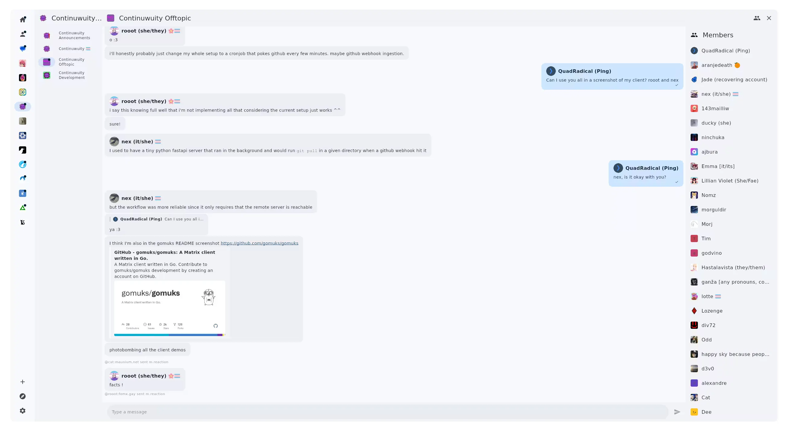A screenshot of the Nexus Matrix client which currently has the continuwuity room open. It is using light mode