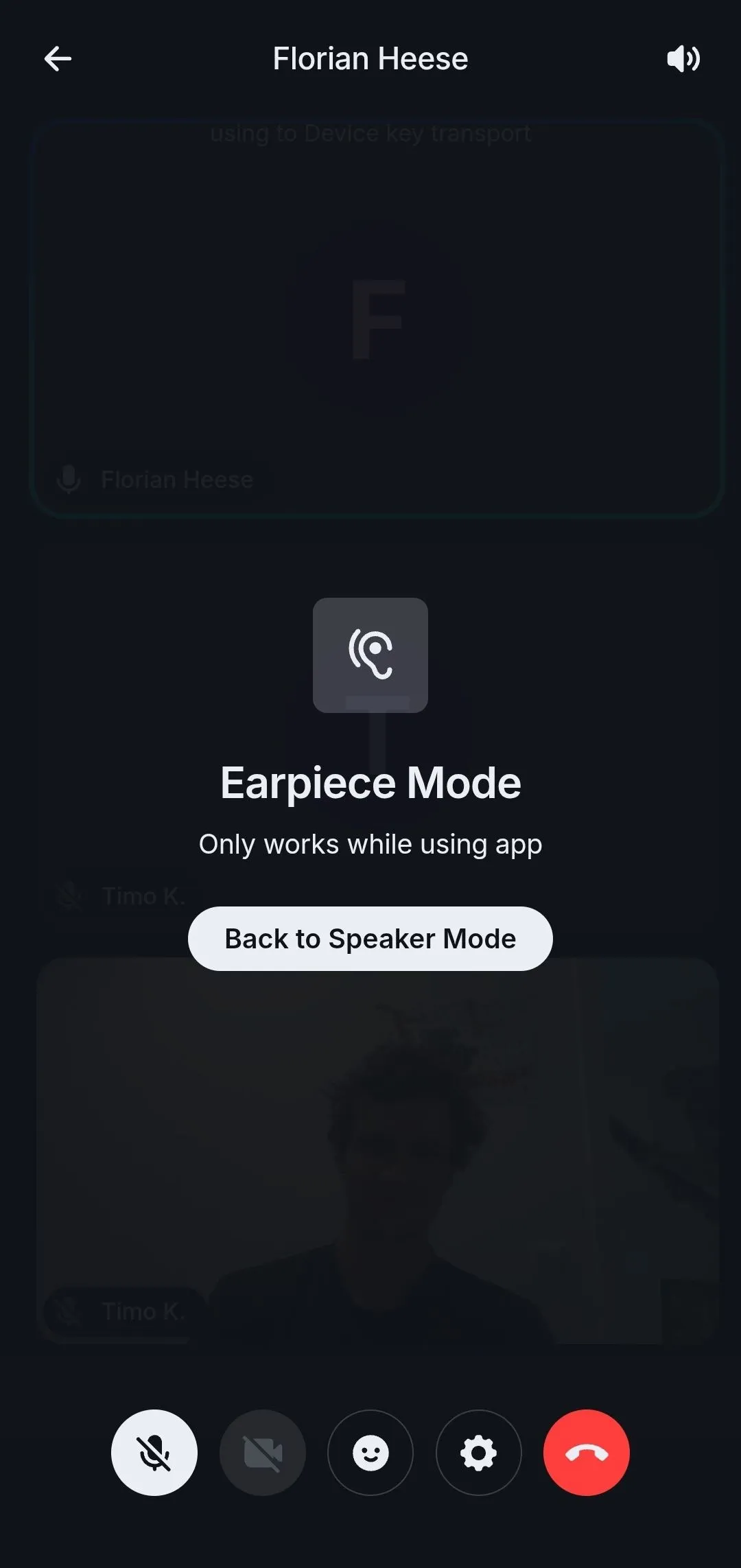 Element Call screenshot showing the new earpiece UI reading 'Earpiece Mode. Only works while using app.'. There is a button labeled 'Back to Speaker Mode'.