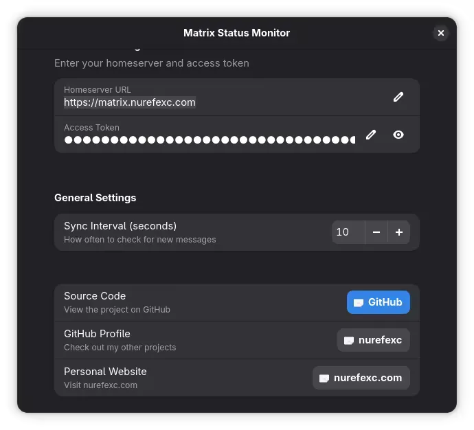 The app's settings UI allows to configure to login details and sync interval.
