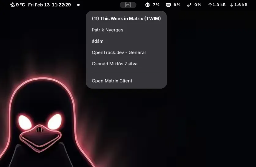 Clicking on the status pill reveals a list of rooms, including the highlighted TWIM room with a number 11 next to it.