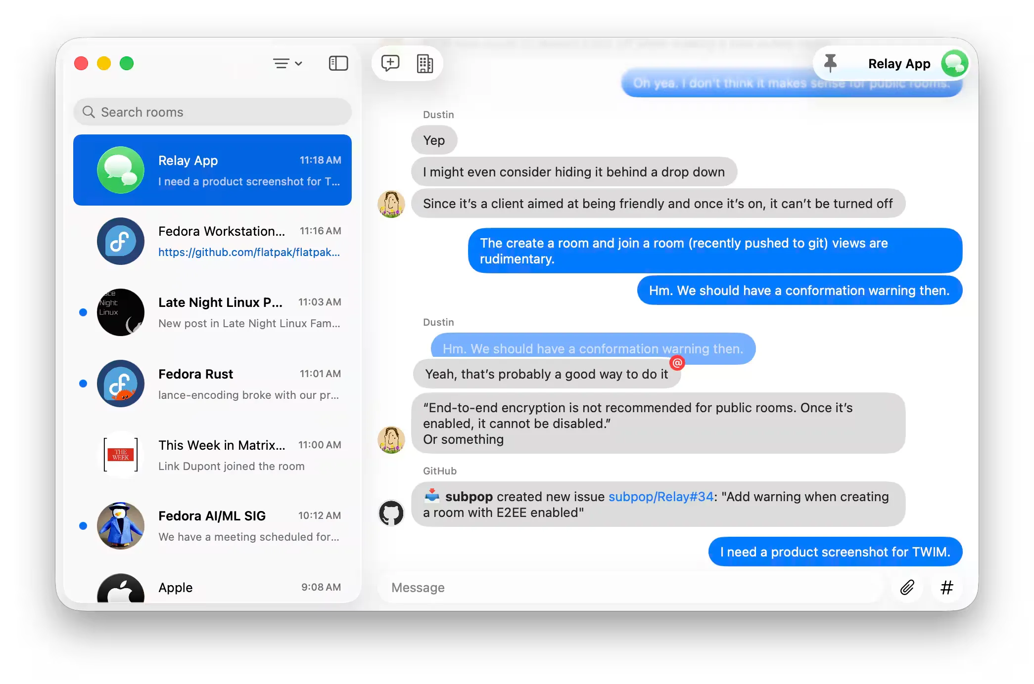 A screenshot of Relay, a Matrix client for macOS. It sticks to macOS Human Interface Guidelines.