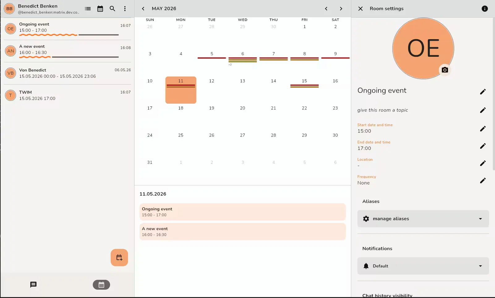 A screenshot of the Matrix client Tammy showing a calendar.