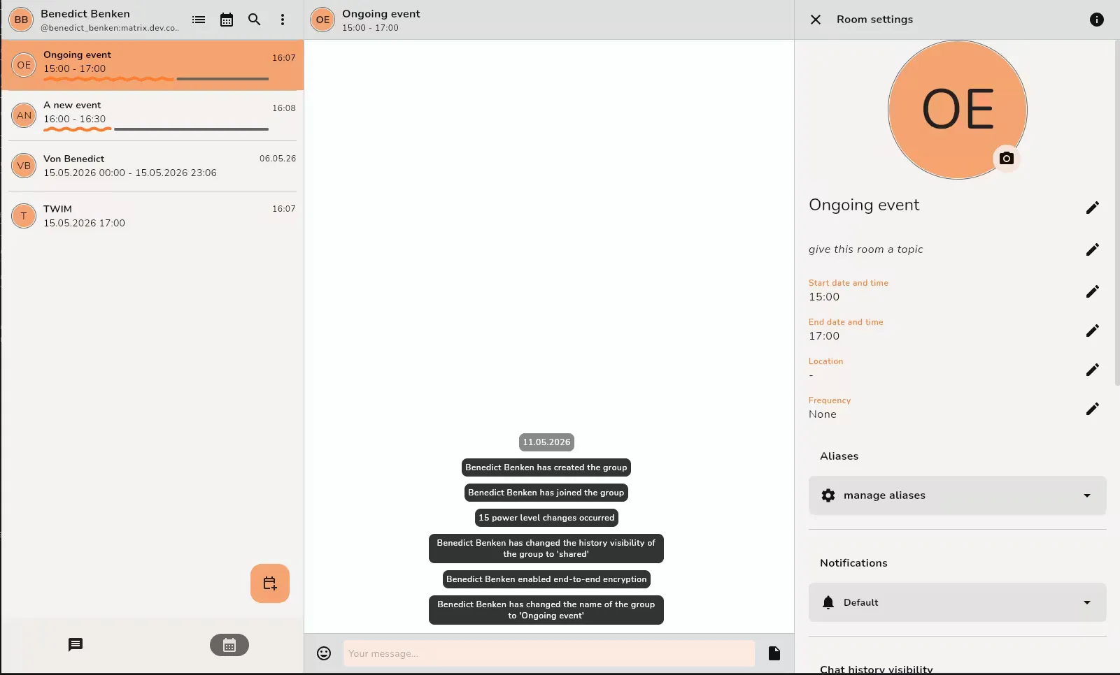 A screenshot of the Matrix client Tammy showing calendar events on the left sidebar.