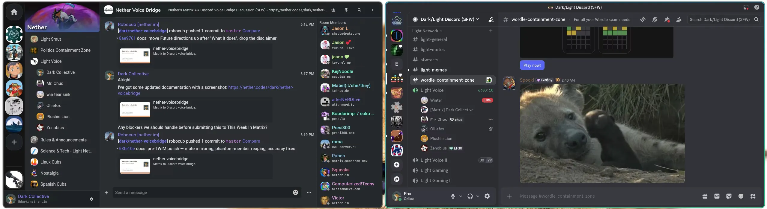 A screenshot showing the nether bridge as seen from a Matrix client and Discord