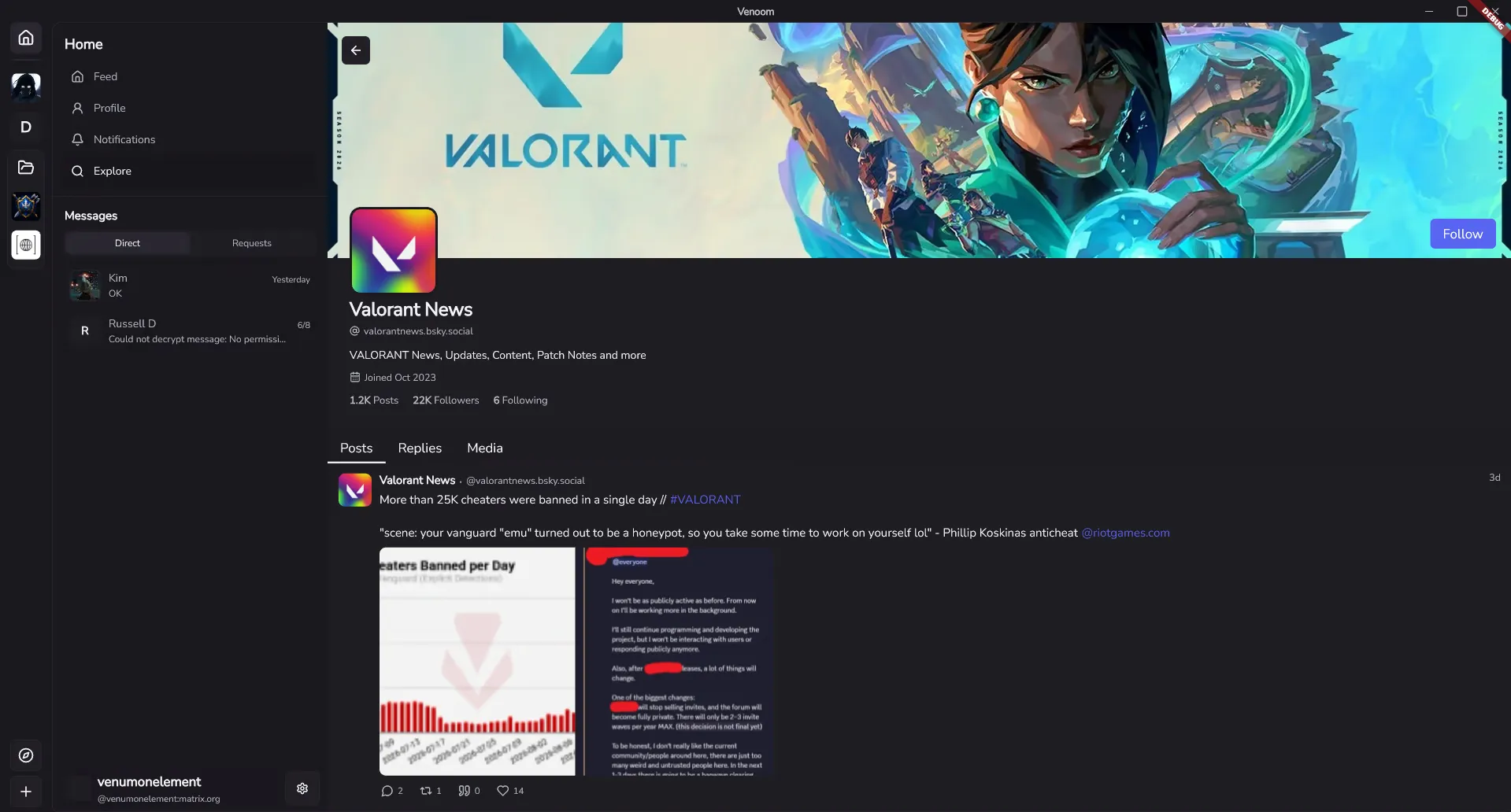 A user profile in Venoom