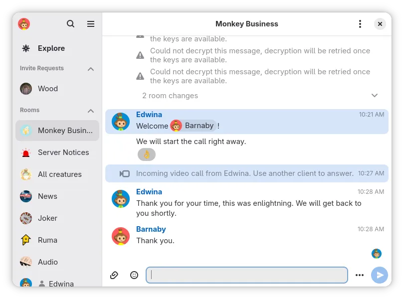 A screenshot of the matrix client Fractal. A call is placed, but Fractal doesn't support it, so it displays a message in the timeline to say a call is happening and that the user should user another client.