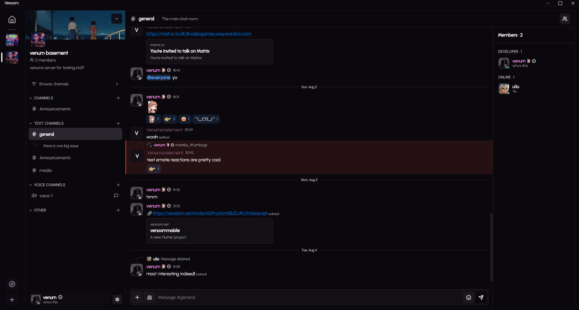 Screenshot of chats in Venoom
