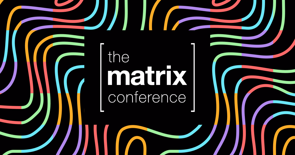 An picture with an abstract background made of lines, and the matrix conference logo that looks like the regular matrix logo.